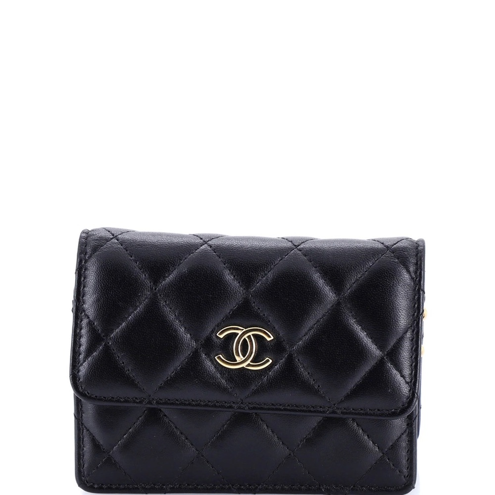 CHANEL Black Quilted Leather Compact Wallet with Gold CC Emblem